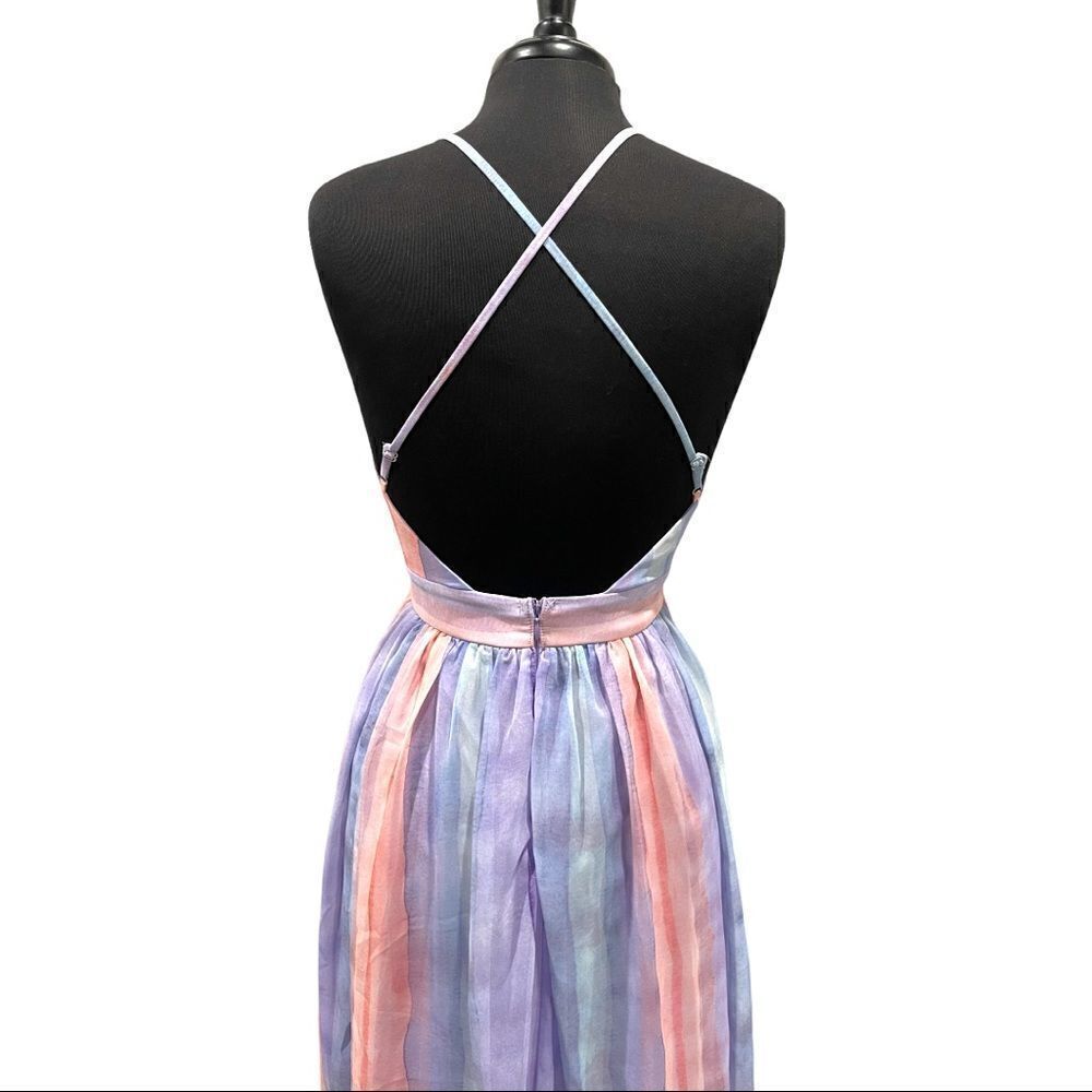 Ever After Pastel Watercolor Deep V-Neck Sheer Tulle Maxi Dress Sz S - Picture 9 of 16